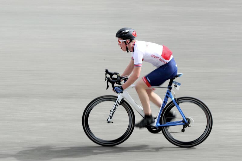 Abu Dhabi, United Arab Emirates - March 17, 2019: Alistair Graham of Great Britain competes in the 5km time trial during the cycling at the Special Olympics. Sunday the 17th of March 2019 Yas Marina Circuit, Abu Dhabi. Chris Whiteoak / The National