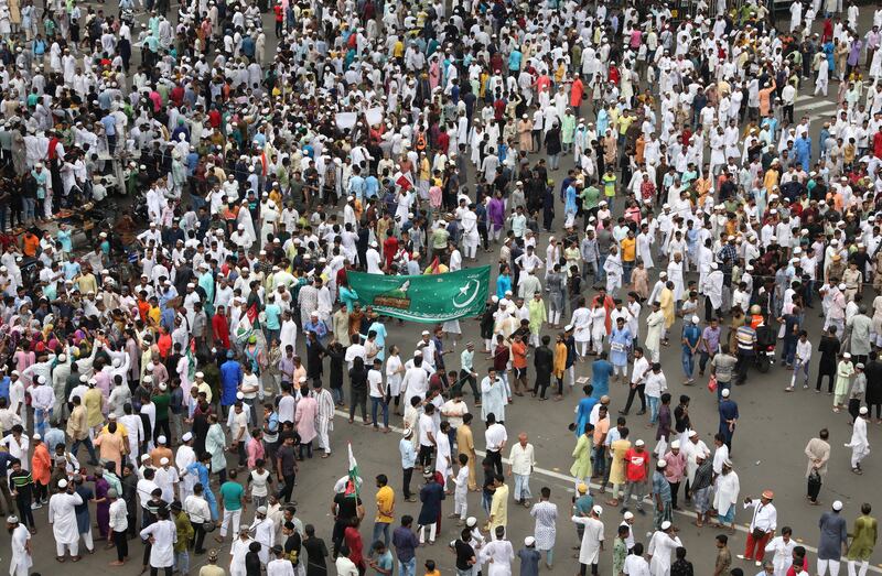 Muslims in Kolkata participate in a protest demanding the arrest of Ms Sharma. Reuters