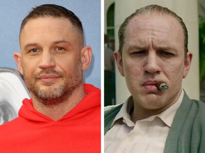 Tom Hardy in 'Capone'. Photos: Getty Images; Vertical Entertainment