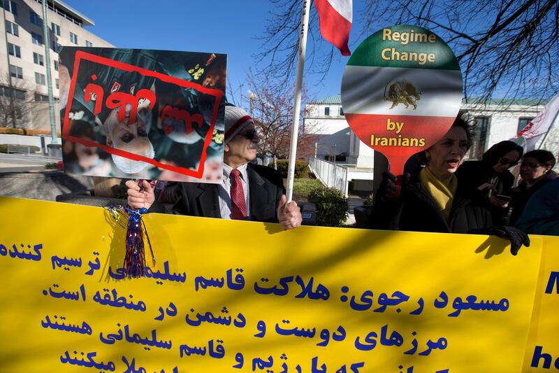 Member of the Iranian American community of Washington DC area rally outside the State Department in Washington in solidarity with the people of Iran, Syria and Iraq who celebrate the death of Iranian official, Gen Qassem Suleimani. AP Photo
