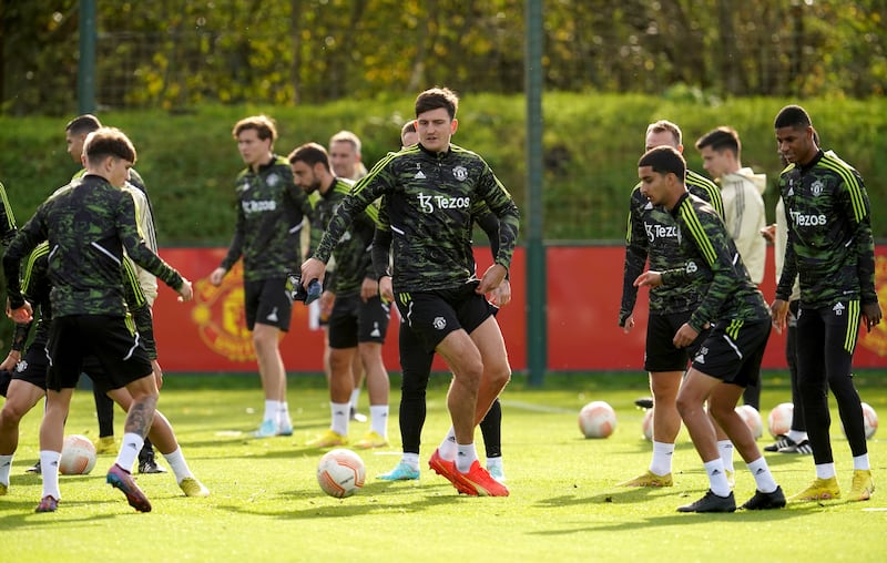 Manchester United's Harry Maguire trains on Wednesday. PA