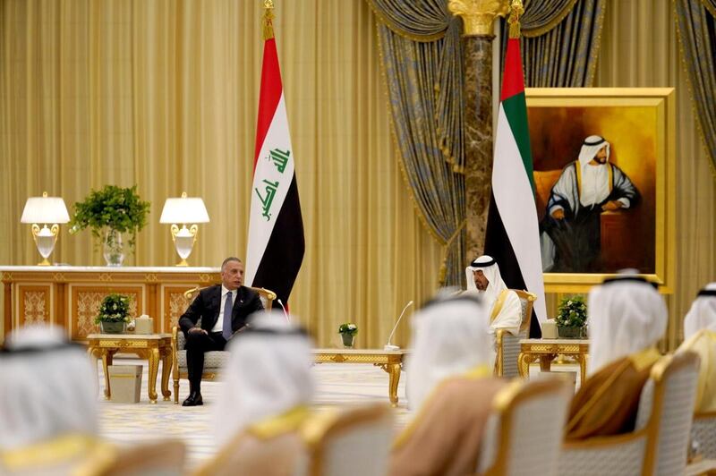 The official reception for Iraqi Prime Minister Kadhimi with Sheikh Mohamed Bin Zayed at Qasr Al Watan. Courtesy the Iraqi Prime Minister's Office