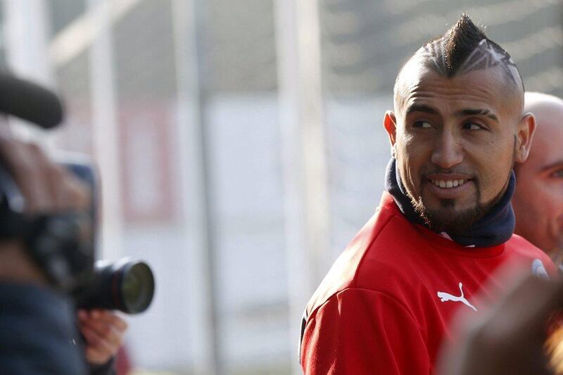 Chile and Juventus player Arturo Vidal shown on Thursday at a national team training session ahead of the Copa America semi-final on Monday against Peru. Kiko Huesca / EPA / June 25, 2015