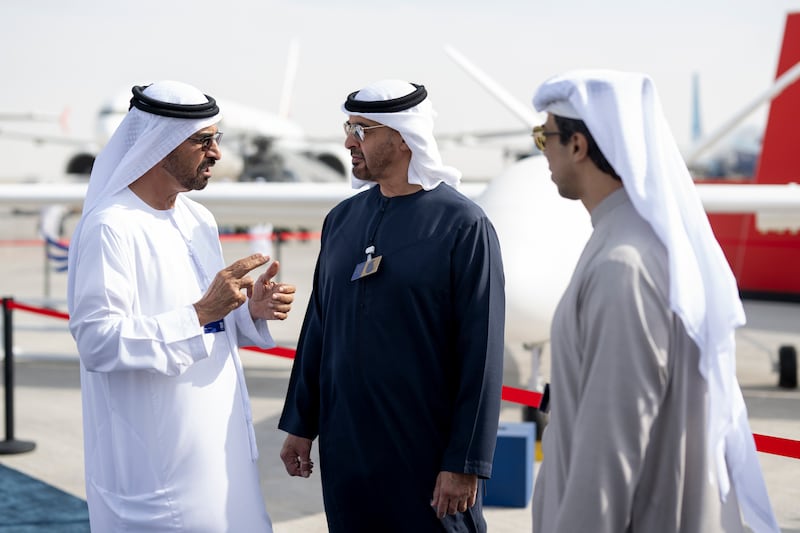 President Sheikh Mohamed and Sheikh Mansour at Dubai Airshow. The event features more than 180 aircraft flying and on static display. Hamad Al Kaabi / UAE Presidential Court 