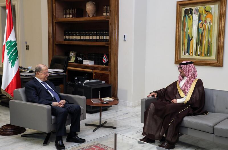 Lebanese President Michel Aoun receives Saudi Arabia's ambassador to Lebanon Walid Al Bukhari at the presidential palace in Baabda, east of Beirut. EPA