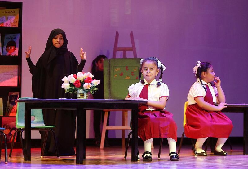 Competition winners from Al Firfar Elementary school perform during the eighth edition of Fujairah School Theatre Festival. Satish Kumar / The National