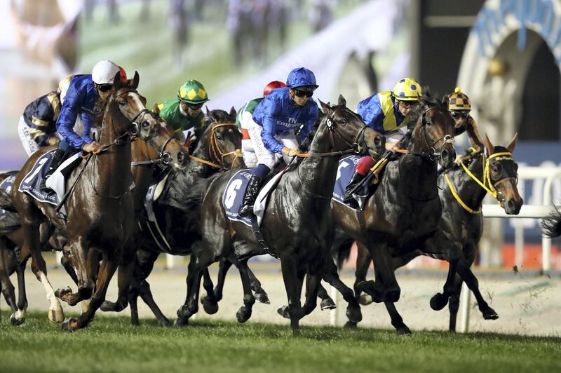 Dubai, United Arab Emirates - March 31st, 2018: Hawkbill (L) ridden by William Buick wins the Dubai Sheema Classic at the Dubai World Cup 2018. Saturday, March 31st, 2018 at Meydan Race Course, Dubai. Chris Whiteoak / The National