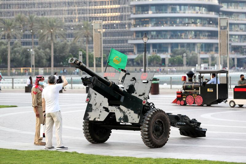 Dubai Police fire the Eid Al Fitr cannon to mark end of Ramadan at the Burj Khalifa, Dubai on May 12th, 2021. Chris Whiteoak / The National. 
Reporter: N/A for News