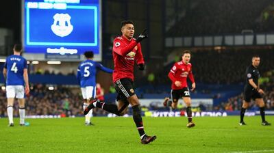 Manchester United's Jesse Lingard celebrates after scoring against Everton at Goodison Park on January 1. Jan Kruger / Getty Images