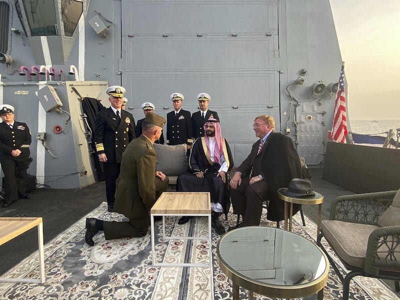Saudi Arabia’s ambassador to Bahrain Prince Sultan bin Ahmed bin Abdul Aziz and Halle Delano, grandson of former US President, Franklin D Roosevelt, during a commemoration service for US-Saudi relations. 