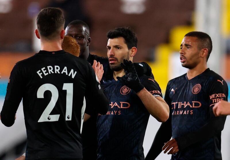 Sergio Aguero, centre, is expected to leave Manchester City this summer. Could that free up space (and money) for City to make a move for Kane as their new No 9? EPA