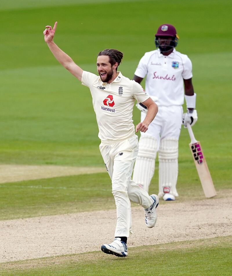England's Chris Woakes appeals unsuccessfully for the wicket of West Indies' Shamarh Brooks. PA