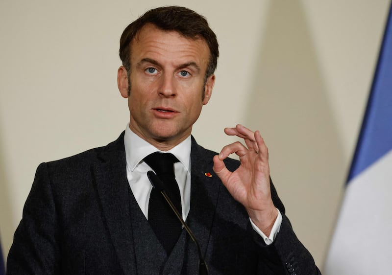 French President Emmanuel Macron speaks in the Czech Republic on March 5. AFP