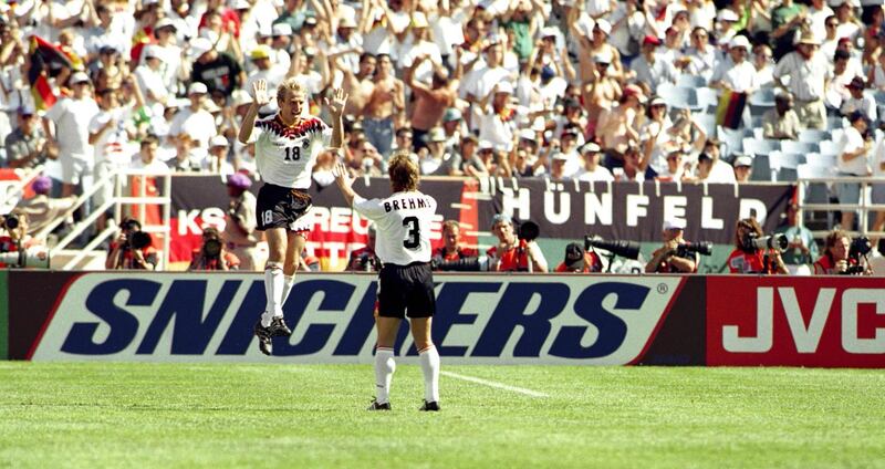 Football - 1994 FIFA World Cup - Group C - Germany v Spain - Soldier Field, Chicago - 21/6/94 
Jurgen Klinsmann - Germany celebrates his goal against Spain 
Mandatory Credit:ActionImages / Action Images