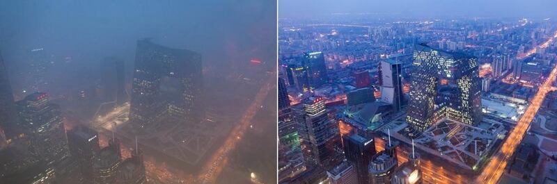 A combination of photos shows the Beijing skyline during severe pollution, left, on January 14, 2013 and the same, right, taken during clear weather on Febuary 4 a year earlier. Ed Jones / AFP