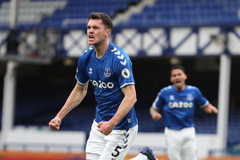 Michael Keane celebrates scoring for Everton. AFP