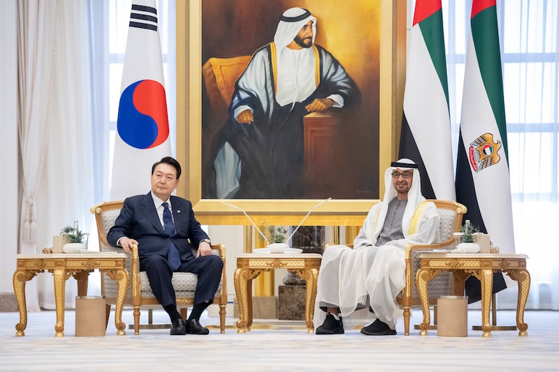 President Sheikh Mohamed and South Korean President Yoon Suk Yeol attend a state visit reception at Qasr Al Watan on Sunday, January 15. All photos: UAE Presidential Court 