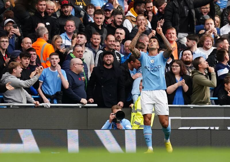 Manchester City's Joao Cancelo celebrates scoring against Southampton in the Premier League in October 2022. PA