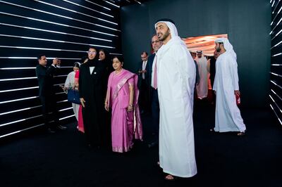 Sheikh Abdullah bin Zayed Al Nahyan, Minister of Foreign Affairs and International Cooperation; and Smt Sushma Swaraj, External Affairs Minister of the Republic of India, attended the unveiling of the plans for the Zayed-Gandhi Digital Exhibition accompanied by Noura bint Mohammed Al Kaabi, Minister of Culture and Knowledge Development, at Manarat Al Saadiyat, Abu Dhabi. Courtesy MOFAIC