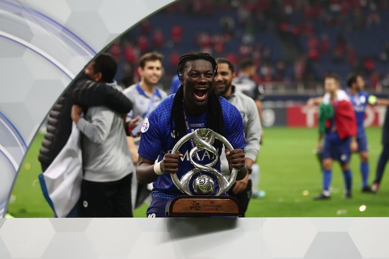 Al-Hilal's Bafetimbi Gomis after his team's win in the second leg of the AFC Champions League final against Urawa Red Diamonds in November 2020.