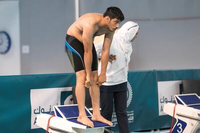 ABU DHABI, UNITED ARAB EMIRATES - MARCH 19, 2018. Abdullah Al Tajer from the UAE swimming team at IX MENA Special Olympic games held at NYU Abu Dhabi.

He later one 2 Golds for 50m Freestyle swim and 25m Breastroke.

(Photo: Reem Mohammed/ The National)

Reporter:  Ramola Talwar
Section:  NA + SP