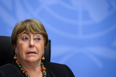 (FILES) In this file photograph taken on December 9, 2020, UN High Commissioner for Human Rights Michelle Bachelet looks on as she attends a press conference in Geneva. Leading human rights organizations and relatives of victims urged the United Nations on May 10, 2021 to create a commission to conduct an independent inquiry into police violence against African Americans in the United States. Human Rights Watch, Amnesty International and the American Civil Liberties Union were among the dozens of groups that made the request in a letter to UN High Commissioner for Human Rights Michelle Bachelet.

 / AFP / Fabrice COFFRINI
