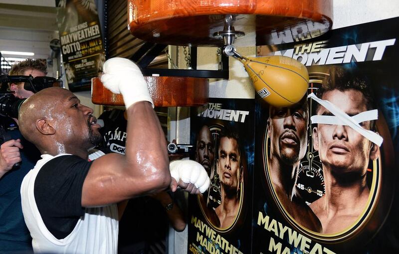 Floyd Mayweather Jr works out in Las Vegas ahead of Saturday night’s bout against Marcos Maidana. Ethan Miller / AFP

