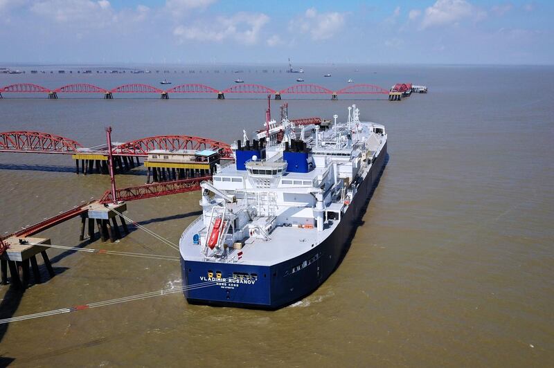 A vessel carrying liquefied natural gas (LNG) cargo from Russia's Yamal LNG project, is seen at Rudong LNG Terminal in Nantong, Jiangsu province, China July 18, 2018. Picture taken July 18, 2018.  REUTERS/Stringer ATTENTION EDITORS - THIS IMAGE WAS PROVIDED BY A THIRD PARTY. CHINA OUT.