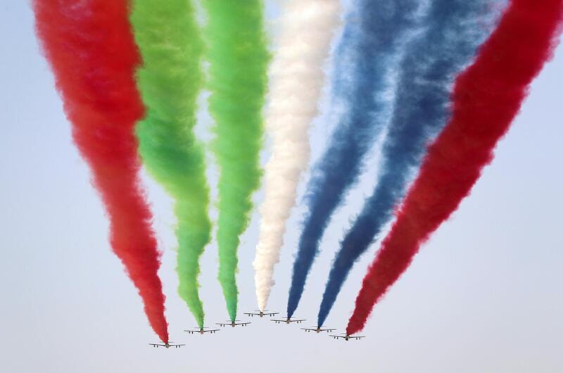 Dubai, United Arab Emirates - Reporter: N/A. News. Fursan Al Emarat, the UAE Air Force's aerobatic display team fly over Al Kuwait Hospital in Dubai. Tuesday, June 23nd, 2020. Dubai. Chris Whiteoak / The National