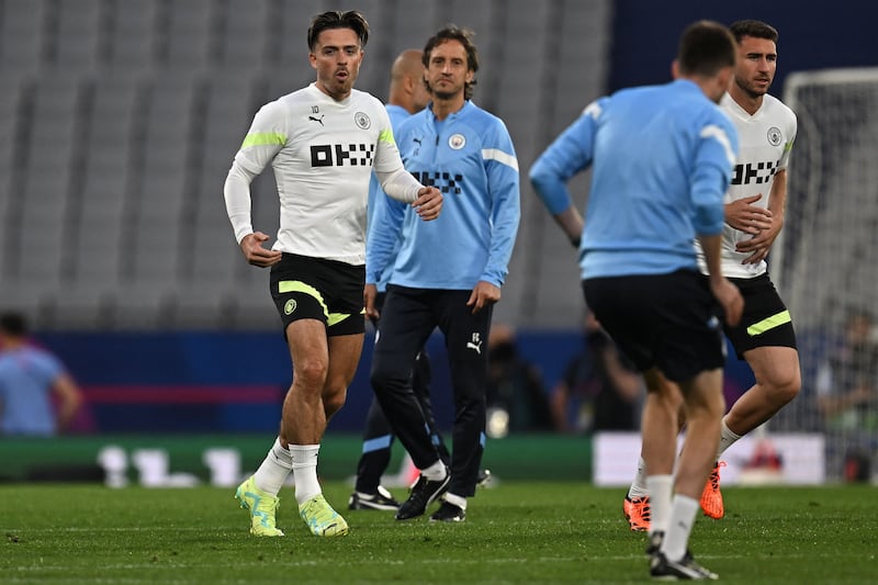Manchester City midfielder Jack Grealish takes part in a training session. AFP