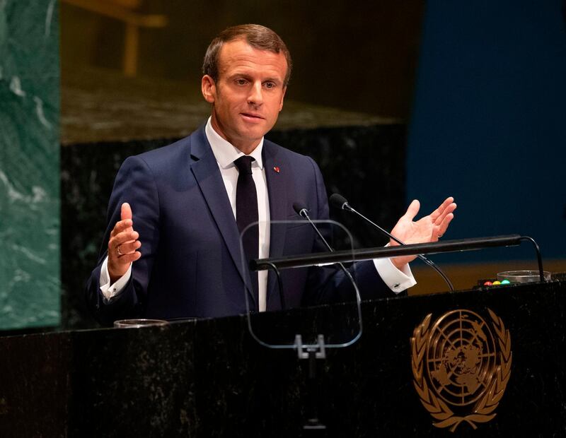French President Emmanuel Macron speaks during the United Nations General Assembly at the United Nations Headquarters in New York City.  AFP