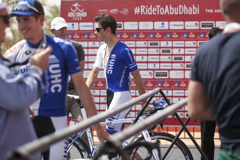 United HealthCare cycling riders mill about on the first day of the Abu Dhabi Tour on Thursday. Mona Al Marzooqi / The National
