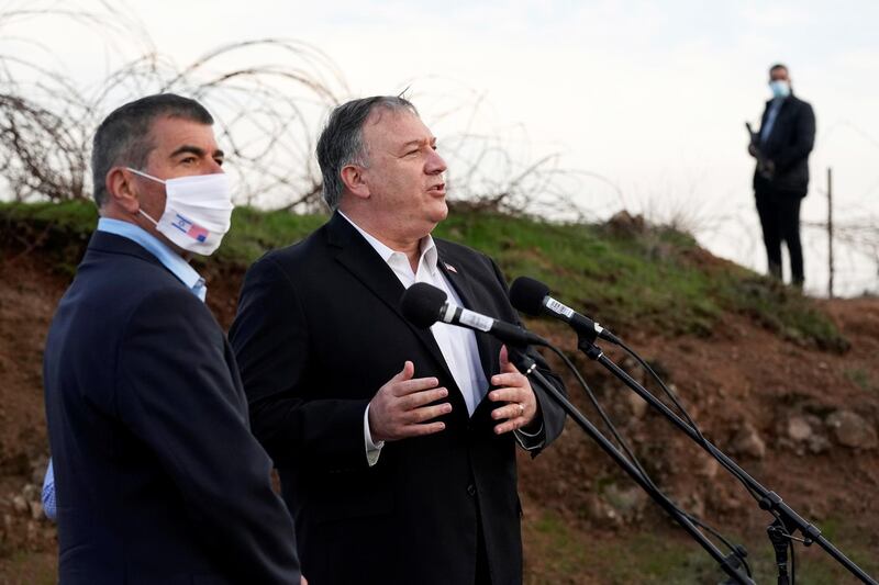 US Secretary of State Mike Pompeo speaks alongside Israel's Foreign Minister Gabi Ashkenazi after a security briefing on Mount Bental in the Israeli-occupied Golan Heights. Reuters