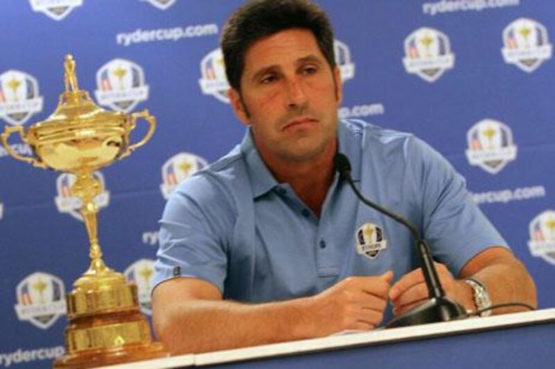 Jose Maria Olazabal, the European Ryder Cup captain, speaks at a news conference held in Abu Dhabi yesterday.