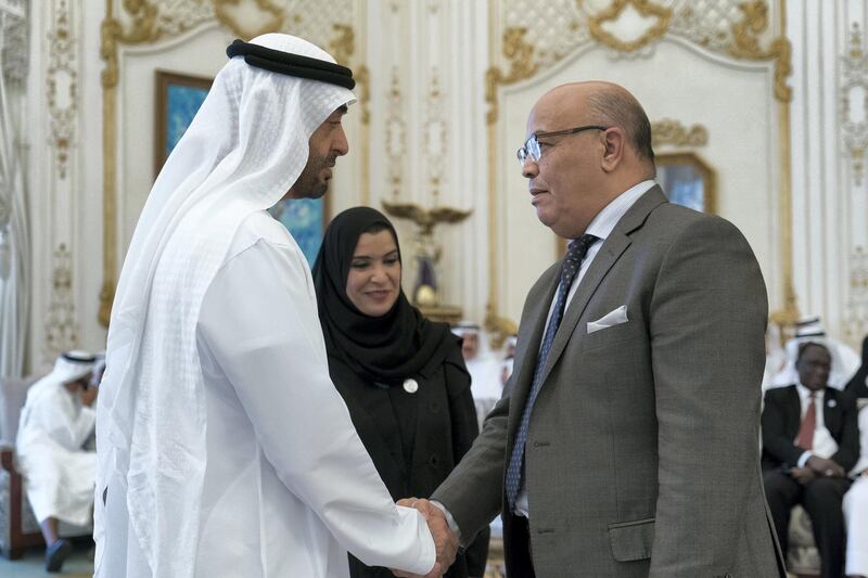 ABU DHABI, UNITED ARAB EMIRATES - October 07, 2019: HH Sheikh Mohamed bin Zayed Al Nahyan, Crown Prince of Abu Dhabi and Deputy Supreme Commander of the UAE Armed Forces (L), receives a member of the Arab Parliament (R), during a Sea Palace barza. Seen with HE Dr Amal Abdullah Al Qubaisi, Speaker of the Federal National Council (FNC) (C).


( Rashed Al Mansoori / Ministry of Presidential Affairs )
---