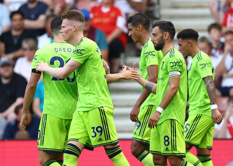 Manchester United's Bruno Fernandes celebrates scoring against Southampton at St Mary's Stadium on Saturday, August 27, 2022. Reuters