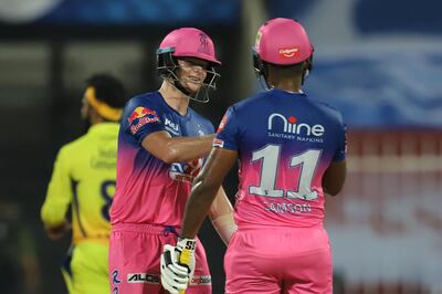 Steve Smith captain of Rajasthan Royals and Sanju Samson of Rajasthan Royals during match 4 of season 13 of the Dream 11 Indian Premier League (IPL) between Rajasthan Royals and Chennai Super Kings held at the Sharjah Cricket Stadium, Sharjah in the United Arab Emirates on the 22nd September 2020.
Photo by: Deepak Malik  / Sportzpics for BCCI