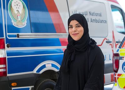 Ajman, United Arab Emirates - Aisha Askar AlMaazmi ( national ambulance student) Emirati female EMT's at the national ambulance Ajman. Ruel Pableo for The NationalAjman, United Arab Emirates - Emirati female EMT's with the national ambulance showing how they respond to a call and provide emergency treatment to residents. Ruel Pableo for The National