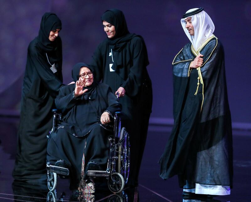 Abu Dhabi, U.A.E., November 20, 2018.  
Sheikha Fatima bint Mubarak Awards for Motherhood and Childhood. --Nadhmiyah Al Abed receives an award from H.H. Sheikh Hazza bin Zayed bin Sultan Al Nahyan.
Victor Besa / The National
Section:  NA
Reporter:  Shireena Al Nowais