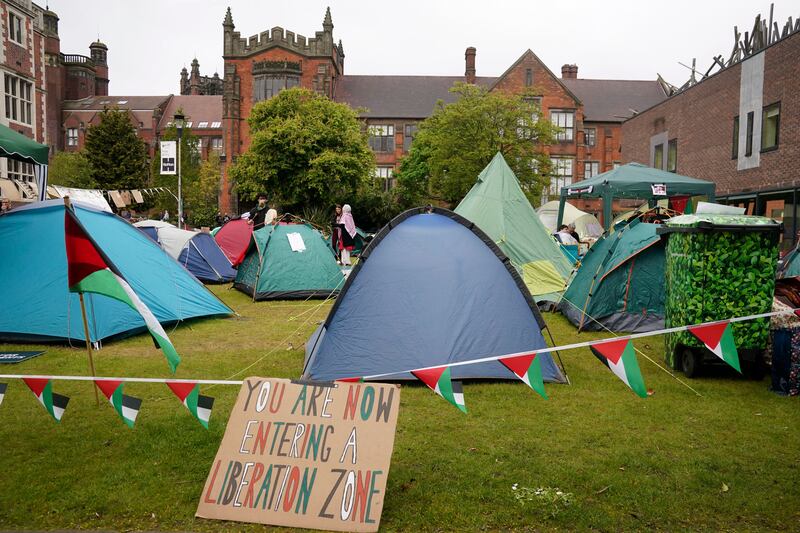 Tents are set up at an encampment in the grounds of Newcastle University in protest against the war in Gaza. AP