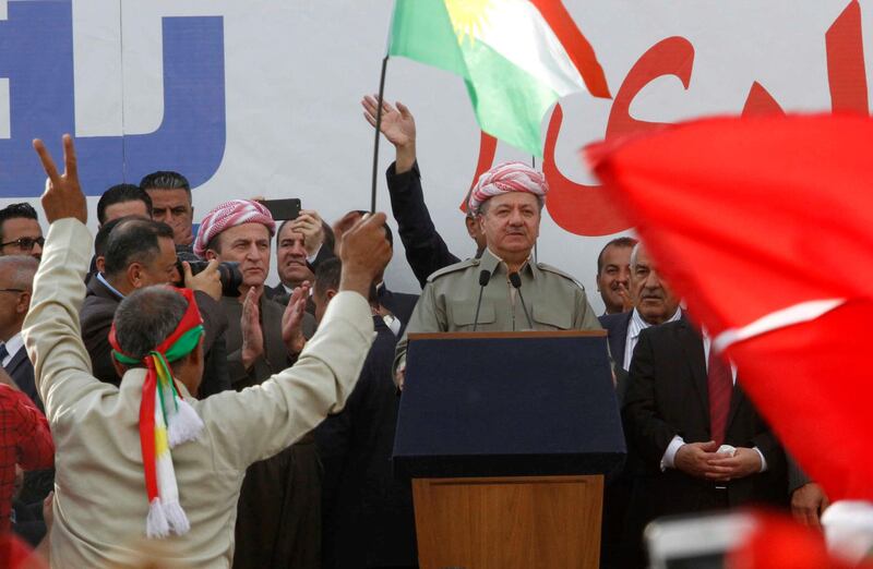 Iraqi Kurdish President Masoud Barzani speaks to the crowd while attending a rally to show their support for the upcoming September 25th independence referendum in Sulaimania, Iraq September 20, 2017. REUTERS/Ako Rasheed