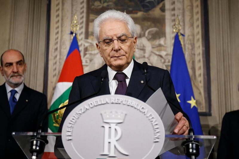 Italian President Sergio Mattarella addresses the media after meeting Italy's premier-designate Giuseppe Conte in Rome, Sunday, May 27, 2018. Italian President Sergio Mattarella said he refused to approve populist leaders' choice of an economy minister who has expressed anti-euro views because the appointment would have "alarmed markets and investors, Italians and foreigners." Mattarella spoke to reporters Sunday night after Premier-Designate Giuseppe Conte announced that he didn't succeed in forming what would have been Western Europe's first populist government. (Fabio Frustaci/ANSA via AP)