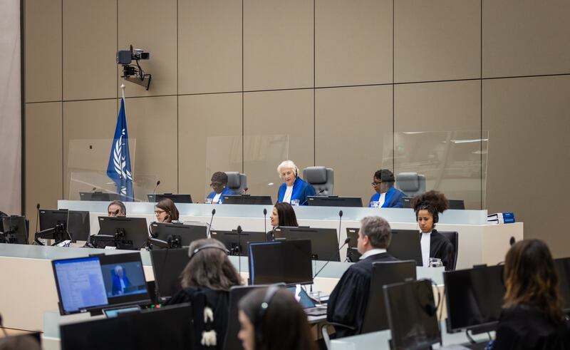 The opening of a war crimes trial in an ICC courtroom in the Hague. EPA