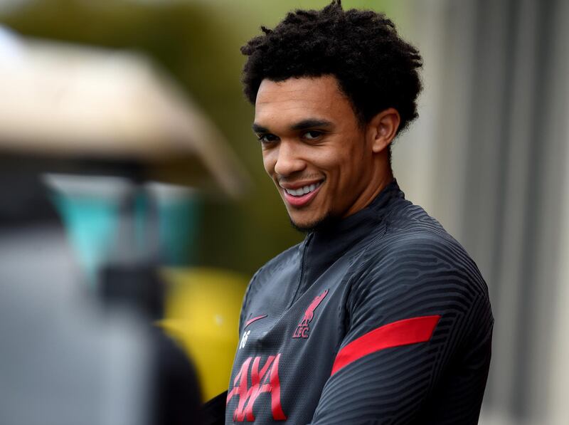 KIRKBY, ENGLAND - MAY 11: (THE SUN OUT, THE SUN ON SUNDAY OUT) Trent Alexander-Arnold of Liverpool during a training session at AXA Training Centre on May 11, 2021 in Kirkby, England. (Photo by Andrew Powell/Liverpool FC via Getty Images)