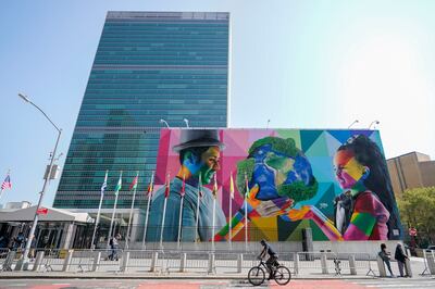 A mural by Brazilian artist Eduardo Kobra, focusing attention on climate change and stewardship of the planet, outside the United Nations headquarters ahead of the General Assembly on, September 16. AP
