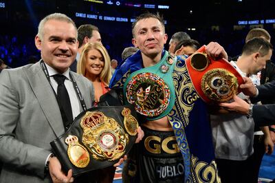 Sep 16, 2017; Las Vegas, NV, USA; Gennady Golovkin (green trunks) celebrates after his middleweight championship bout against  Canelo Alvarez (not pictured) at T-Mobile Arena. The bout ended in a draw. Mandatory Credit: Joe Camporeale-USA TODAY Sports     TPX IMAGES OF THE DAY