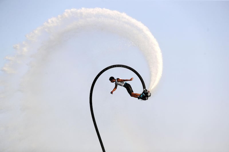 Dubai, United Arab Emirates - Reporter: N/A. Sport. People compete in the fly board section of the Dubai Watersports Summer Week. Thursday, June 25th, 2020. Dubai. Chris Whiteoak / The National