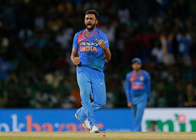 India's Jaydev Unadkat celebrates the dismissal of Bangladesh's Rubel Hossain during the final match of the Nidahas triangular Twenty20 cricket series in Colombo, Sri Lanka, Sunday, March 18, 2018. (AP Photo/Eranga Jayawardena)