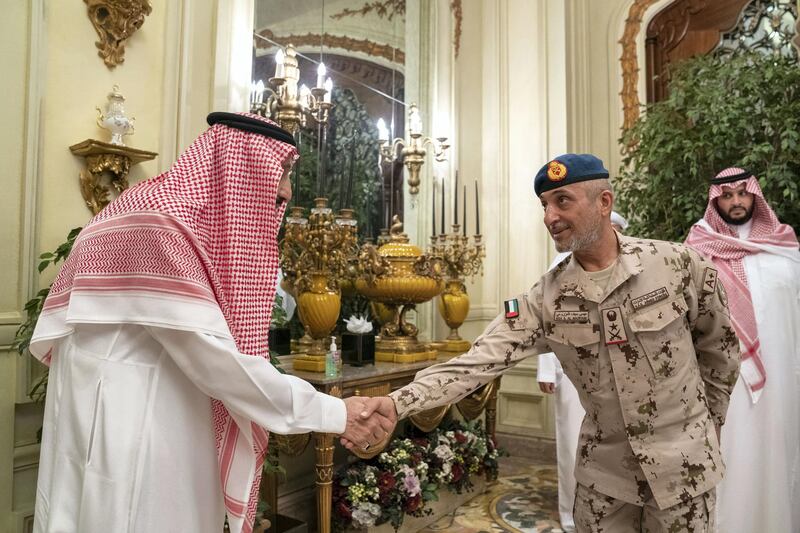 RIYADH, SAUDI ARABIA - April 16, 2019: HE Major General Essa Saif Al Mazrouei, Deputy Chief of Staff of the UAE Armed Forces (R) greets HM King Salman Bin Abdulaziz Al Saud of Saudi Arabia and Custodian of the Two Holy Mosques (L), at Irqah Palace.

( Mohamed Al Hammadi / Ministry of Presidential Affairs )
---