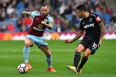 Burnley's Steven Defour, left, and West Ham United's Manuel Lanzini battle for the ball during their English Premier League soccer match at Turf Moor, Burnley, England, Saturday, Oct. 14, 2017. (Anthony Devlin/PA via AP)